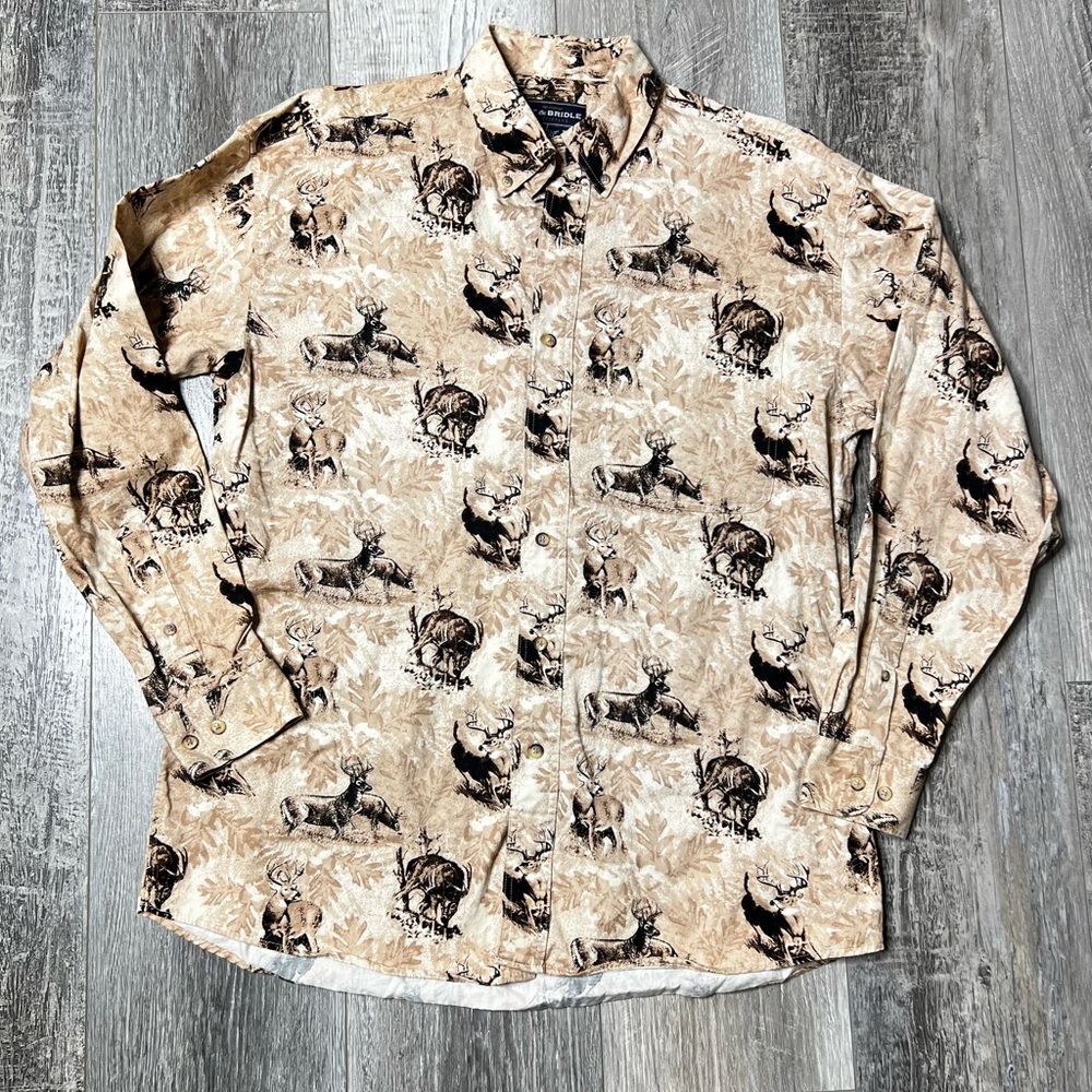Bit & Bridle Shirt Mens Medium Beige Button Down Long Sleeve Deer Print